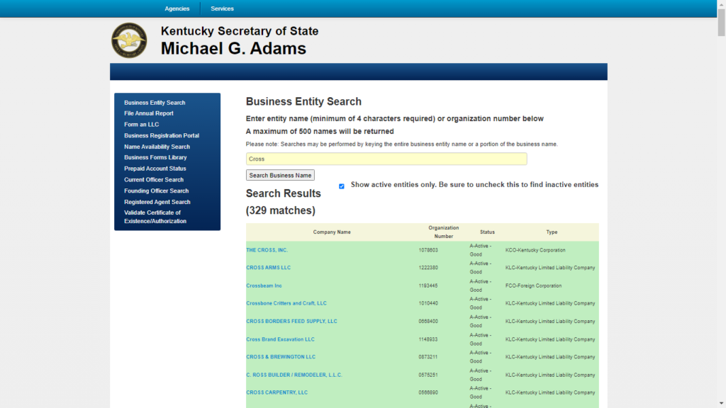 Kentucky Business Entity Search